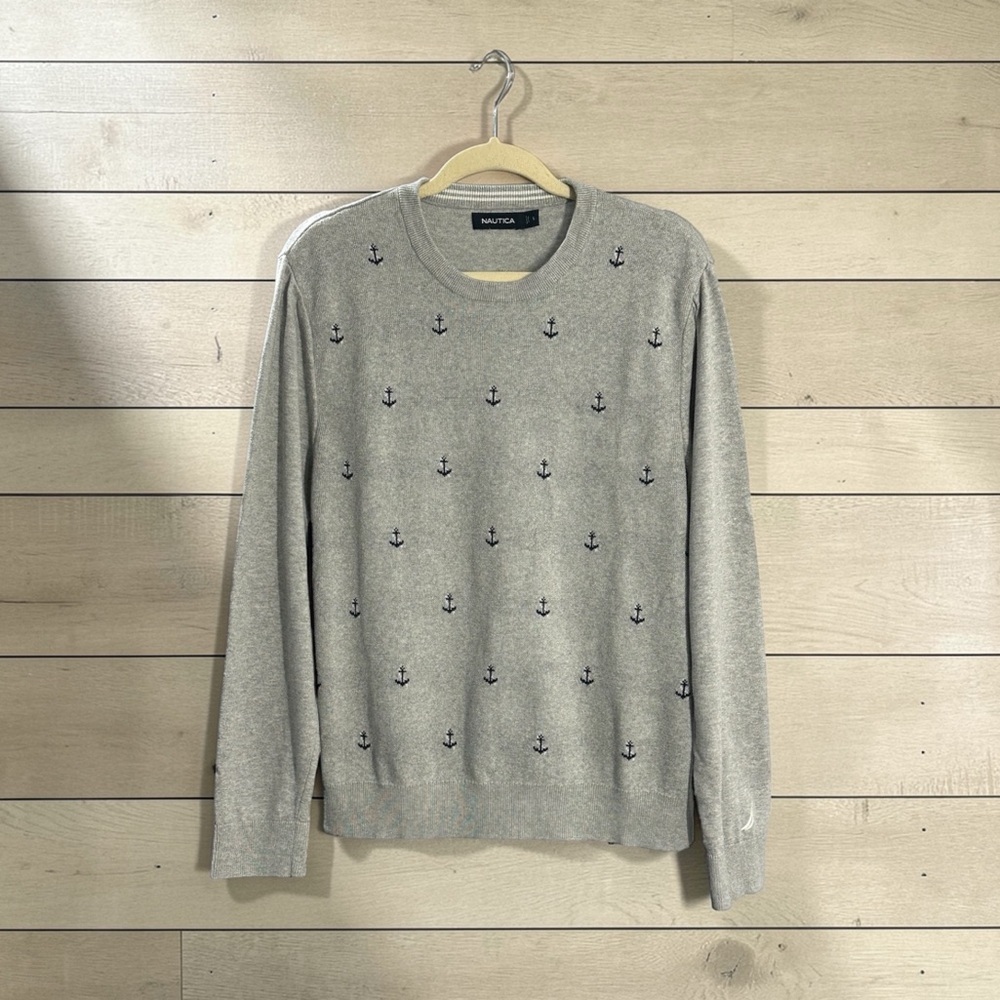 Nautica Gray Anchor Cotton Crewneck Sweater Large Unisex Hamptons Coastal ⚓️ L